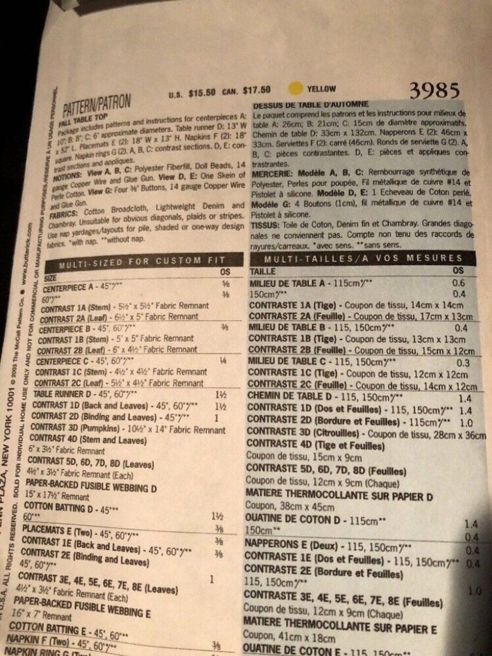 Butterick 3985 Pattern Autumn Fall Table Topper Set Pumpkin Runner Napkin Uncut - Picture 3 of 5